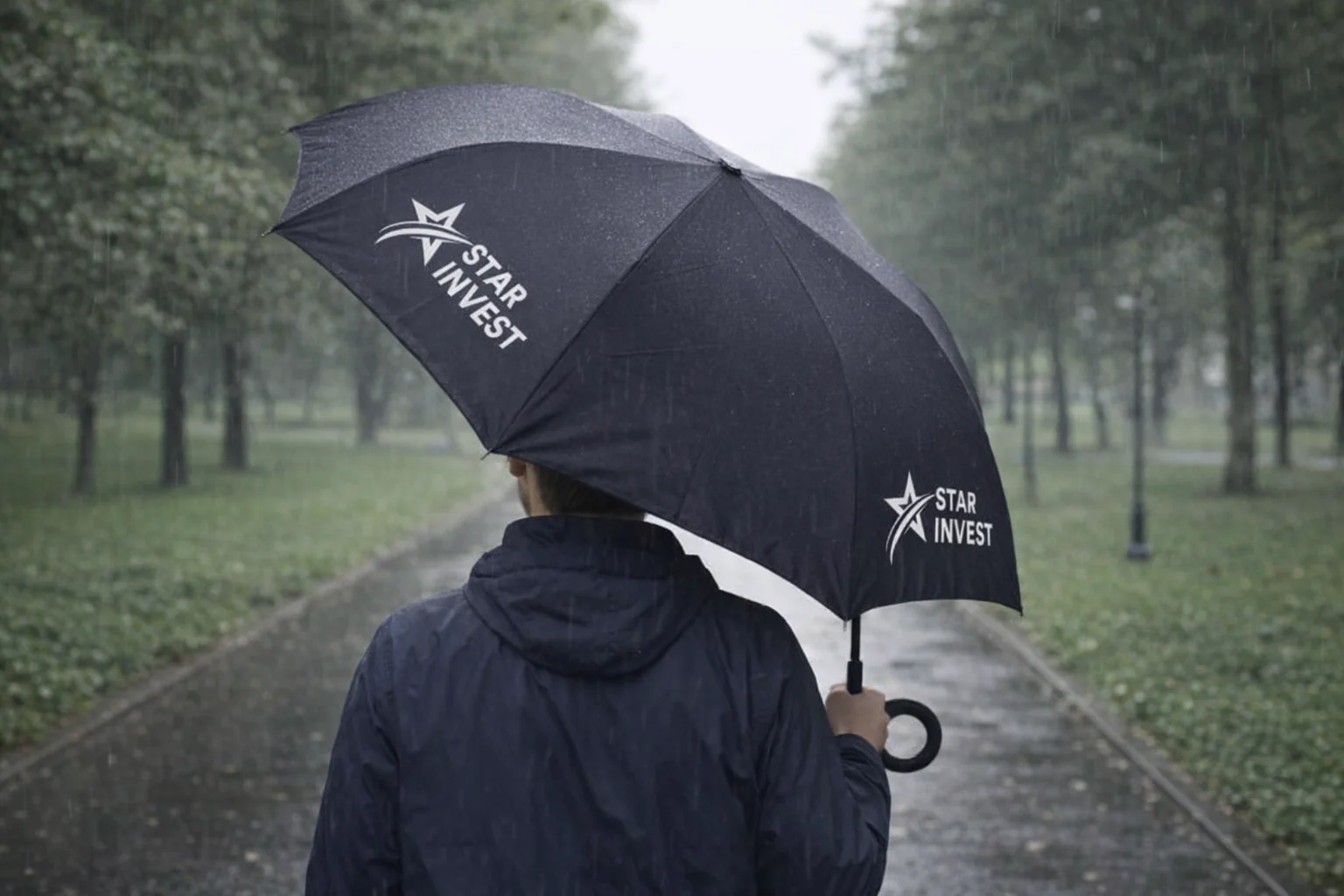 Person in a raincoat holds an Umbrellas Inverted on a rainy park path.
