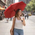 Woman smiles, holding a Skylair Inverted Umbrella while walking on a sunny city street.