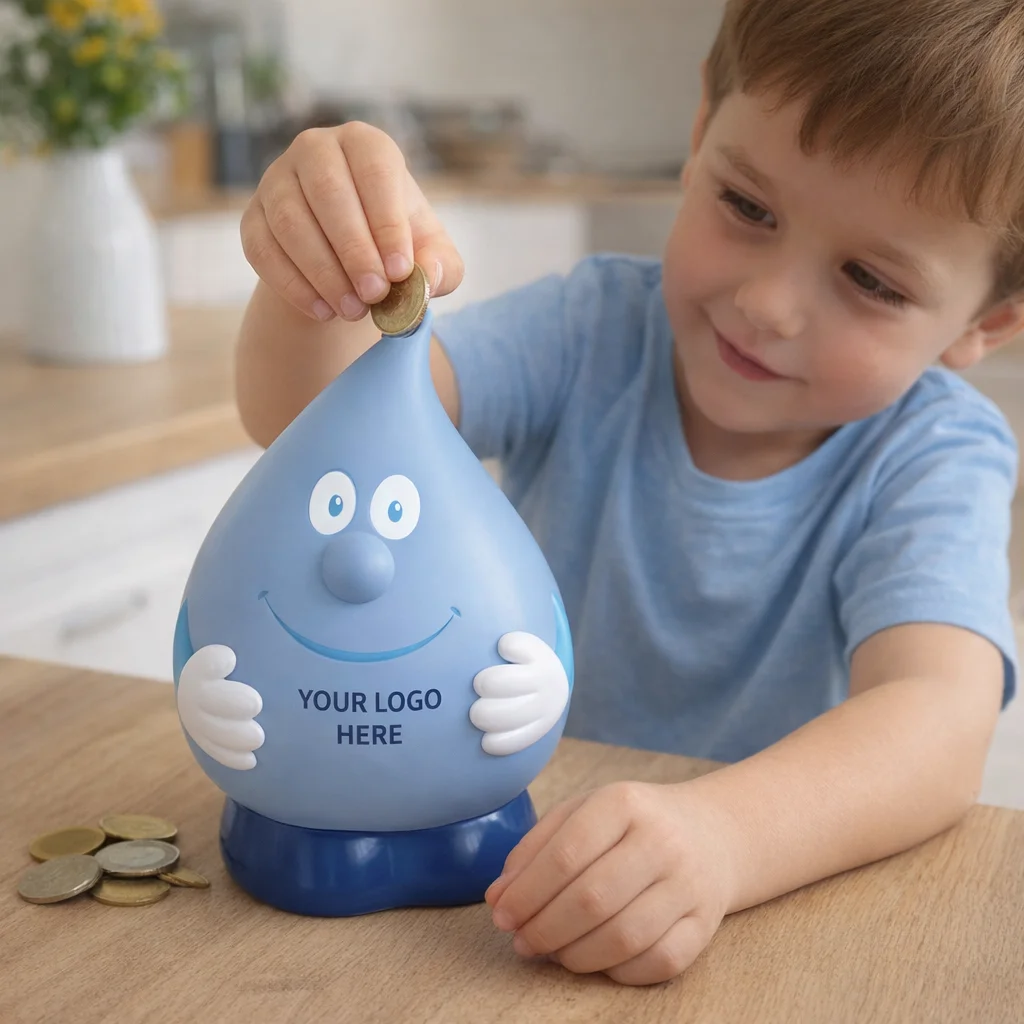 Smiling boy puts a coin into Wally The Water Drop Coin Savings Bank on the table.