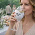 Woman enjoying wine with Wine Glass Holders at a garden party.