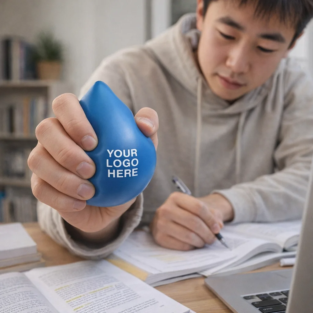 Person studying at a desk with books, holding a Water Droplet Stress Ball.