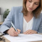 A woman signs a document at her desk with a Waterman Harmonie pen.