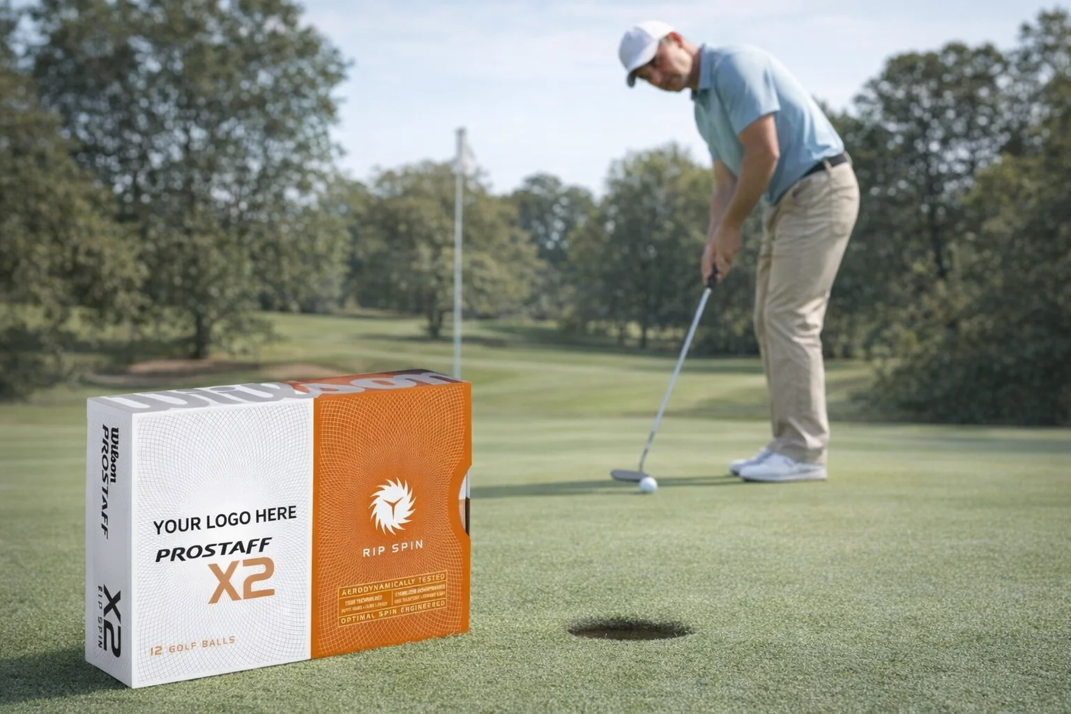 A golfer putts on the green, Wilson Rip Golf Ball box in the foreground.