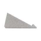A gray, fabric-covered triangular stand with a small notch near the pointed end.