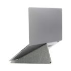 A gray laptop on a fabric stand, shown from the side against a white background.