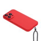 Red smartphone case with camera cutouts and a black-and-white polka dot wrist strap attached.