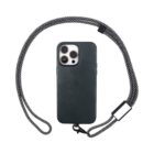 Black smartphone with case and a black-and-white lanyard attached, shown on white background.