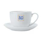White cup and saucer with a Ritter Sport logo printed on the side of the cup.