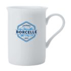 White mug with blue Borcelle Laundry 2023 logo and a decorative handle.