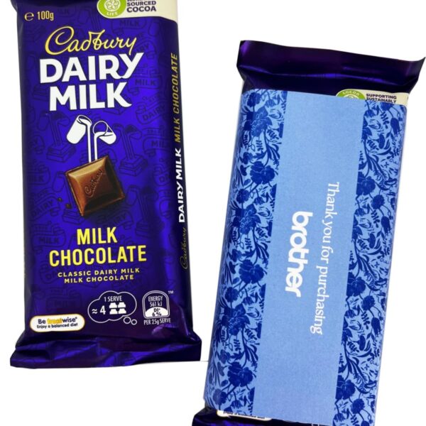 Two Cadbury Dairy Milk chocolate bars, one with a Thank you for purchasing wrapper.