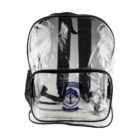Clear backpack with black trim, front pocket, and a university logo with a tree design.