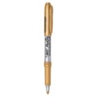 A gold BIC permanent marker pen with a cap, standing upright on a white background.