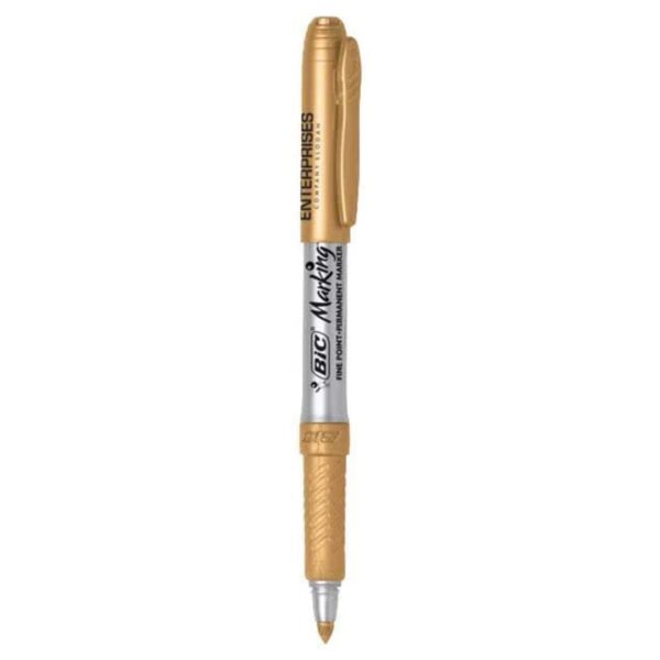 A gold BIC permanent marker pen with a cap, standing upright on a white background.