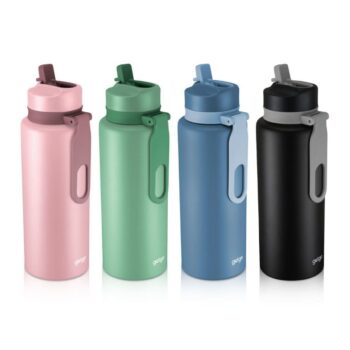 Four reusable water bottles in pink, green, blue, and black with flip-top straws.