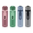 Four get go water bottles in pink, green, blue, and gray, standing side by side.
