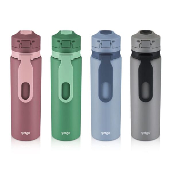 Four reusable water bottles in pink, green, blue, and gray, with flip tops and handles.