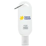 White Cancer Council sunscreen bottle with yellow flower logo—wellness gift with silver carabiner clip.