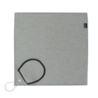 A gray square cloth with a black-edged pocket and a metal ring in one corner.