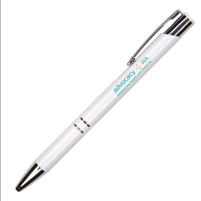 White Advocacy WA pen with chrome accents and blue logo on the barrel.
