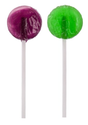 A purple and a green lollipop on white sticks, just like Bundaberg Meals on Wheels side by side.