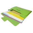 Green folder open with papers and a spiral notebook partially visible inside.