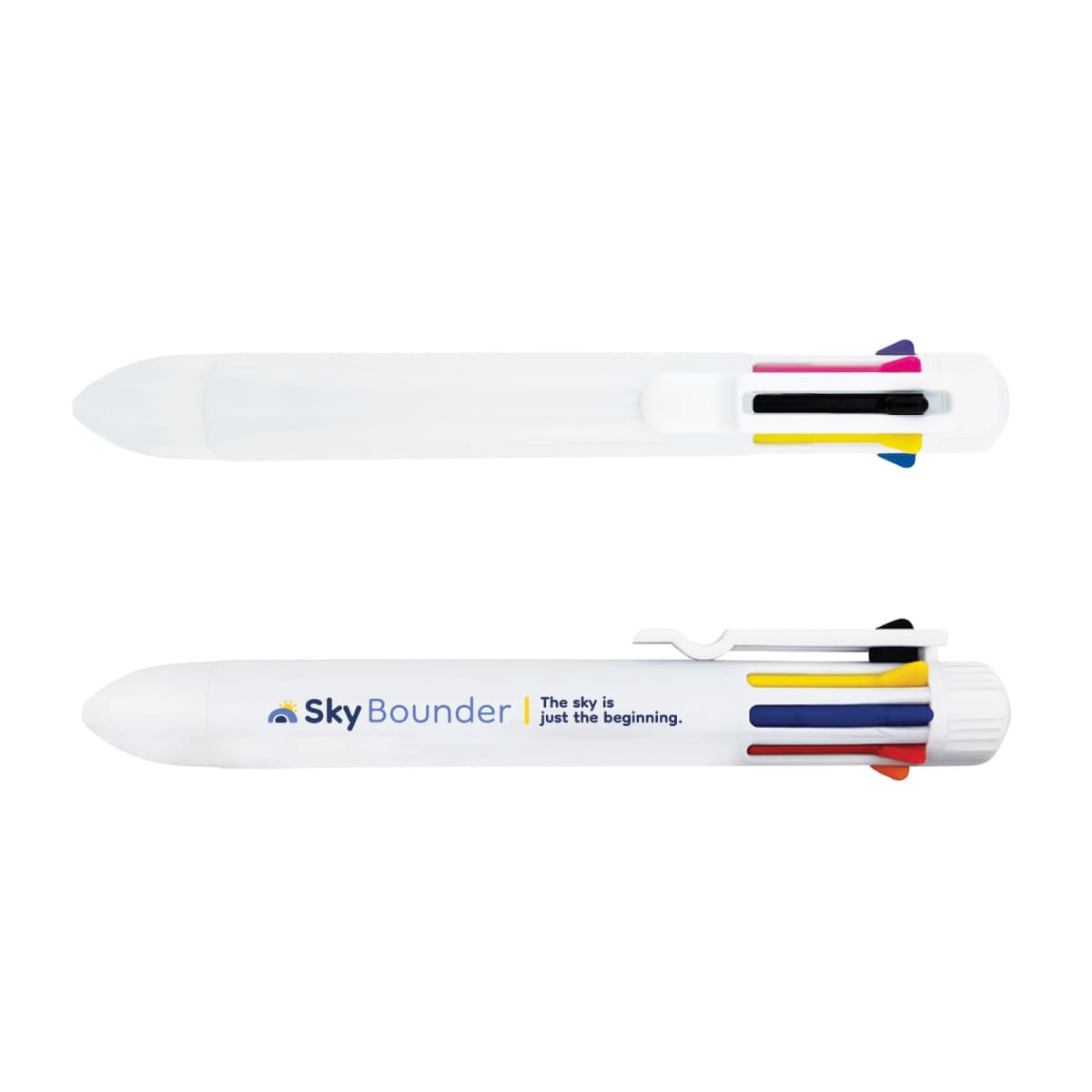 ll0331-202601121023533914621.jpg Multi-color pen with SkyBounder logo and four colored ink selectors, shown with cap on and off.