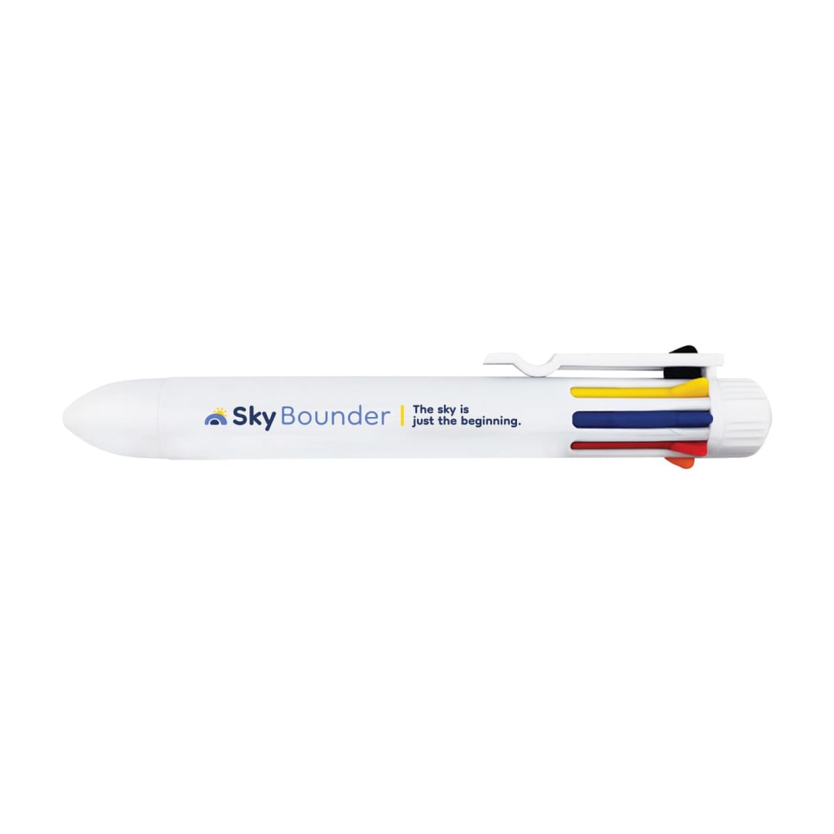 White multi-color pen with SkyBounder logo and slogan, featuring four ink colors.