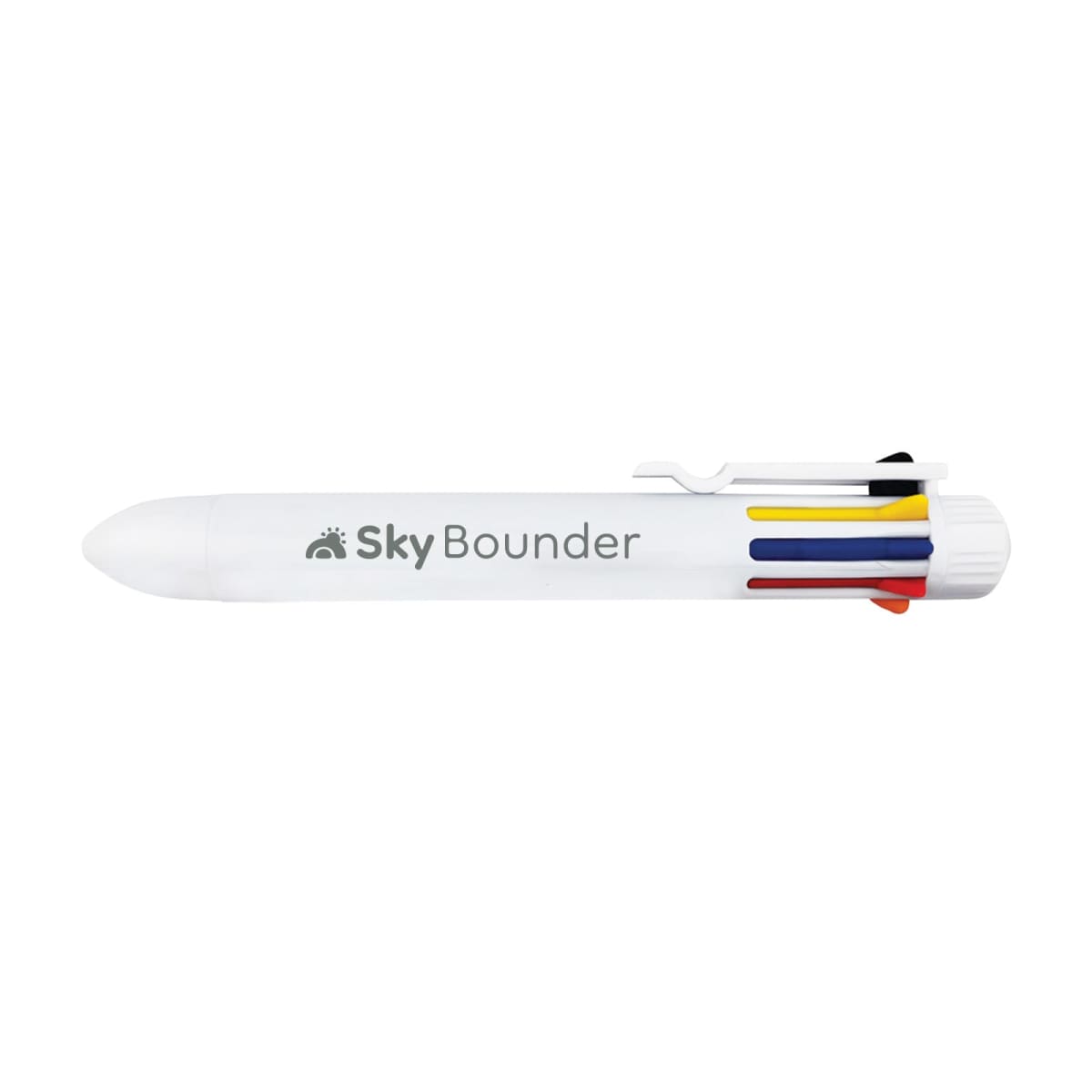 White multi-color pen with SkyBounder logo and four color sliders on the side.