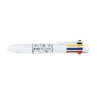 White multi-color pen with four ink options and playful icons on the barrel.