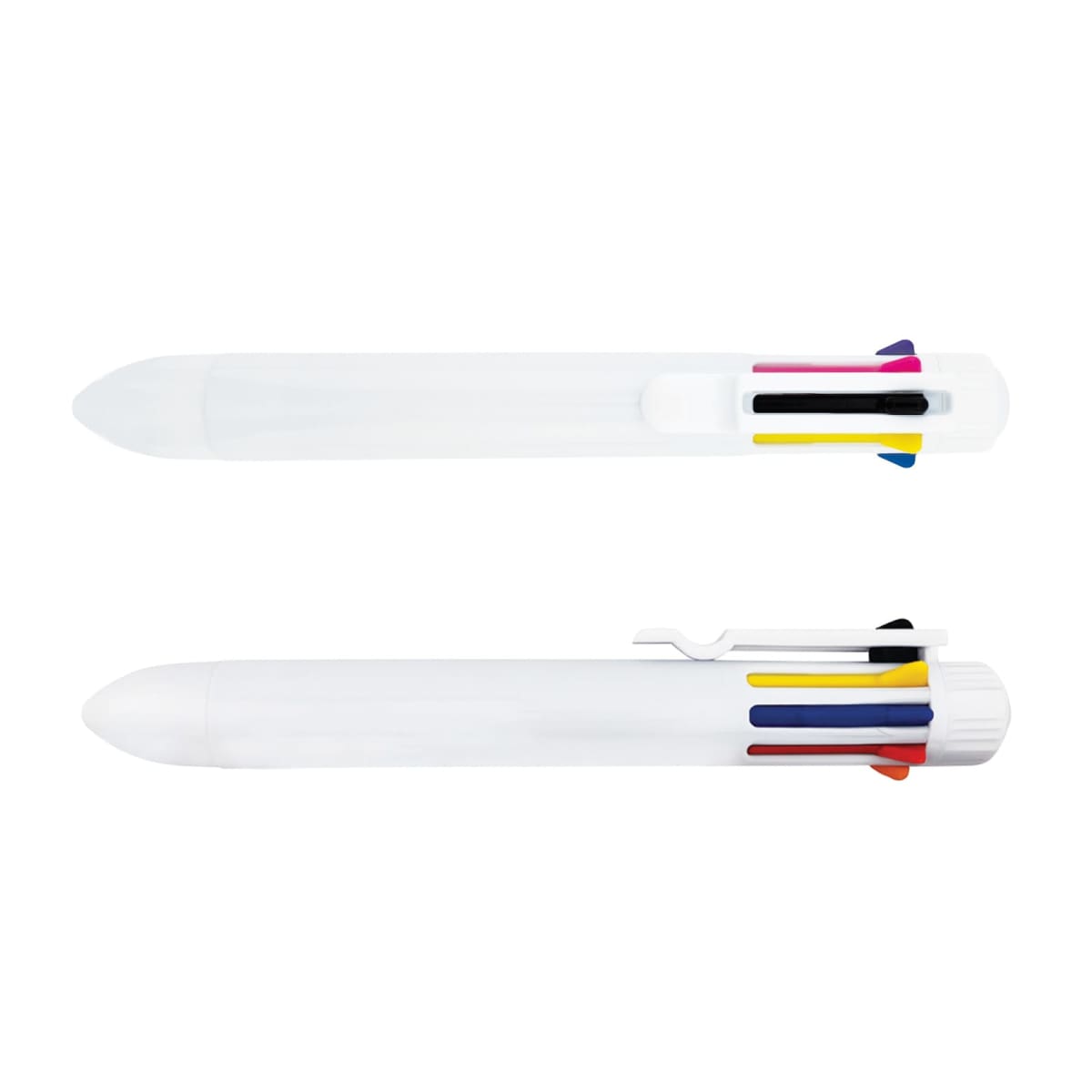 Two white multi-color pens with red, blue, black, and yellow ink selectors.