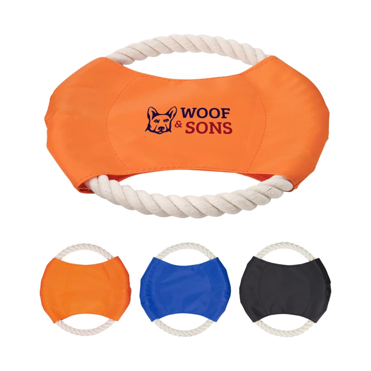 ll7607-202509221009002806521.jpg Three rope dog toys in orange, blue, and black, with Woof & Sons logo on the orange one.