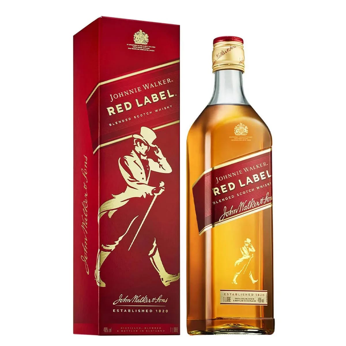 A bottle and box of Johnnie Walker Red Label blended Scotch whisky.
