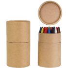 Brown cardboard tube container holding colorful crayons, with lid shown on and off.