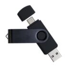 Black swivel USB flash drive with USB-A and USB-C connectors, cap removed.