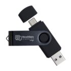 Black swivel USB flash drive with NextGen Learning logo and USB-C and USB-A connectors.