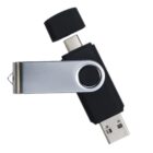 Black USB flash drive with a rotating silver cover and a detachable cap.