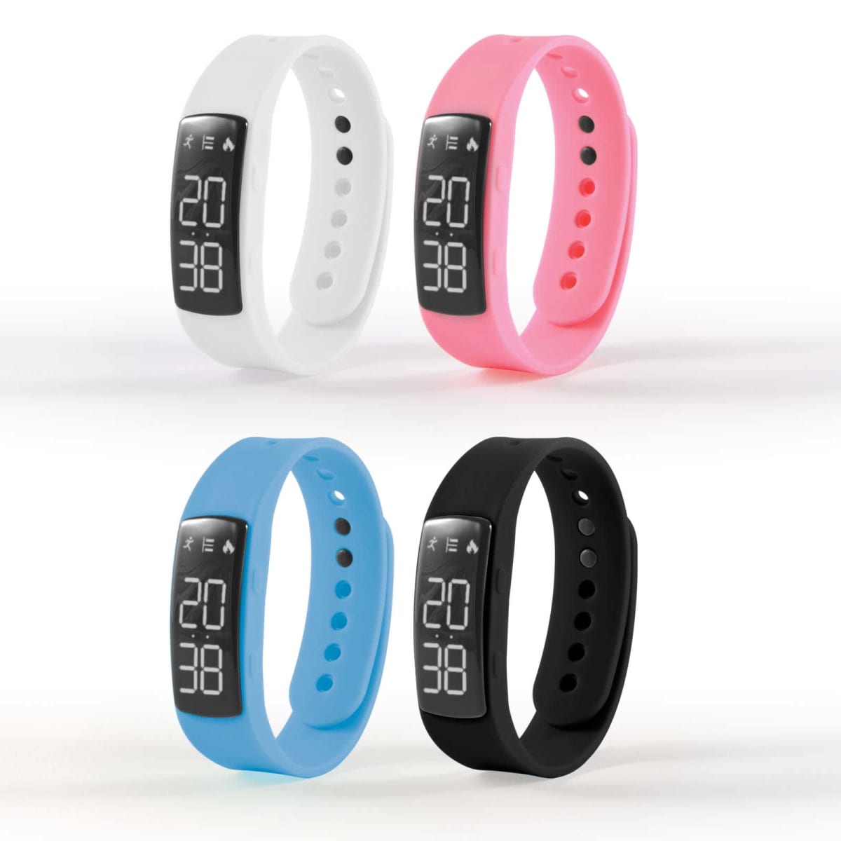 ln9933.jpg Four digital wristwatches in white, pink, blue, and black with time display.