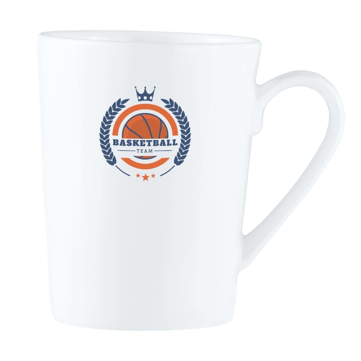 White mug with a basketball team logo featuring a ball, crown, and laurel wreath.
