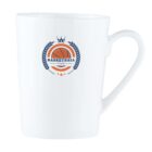 White mug with a basketball team logo featuring a basketball, crown, and laurel wreath.