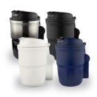 Four reusable travel mugs in black, white, navy blue, and stainless steel with lids.