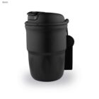 Matte black travel mug with a flip-top lid and side handle, on a white background.
