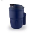 Navy blue travel mug with a lid and attached carrying strap, shown on a white background.
