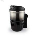 A stainless steel and black travel mug with a black flip-top lid and handle.