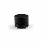 Small black round electronic device with an on/off switch on a white background.