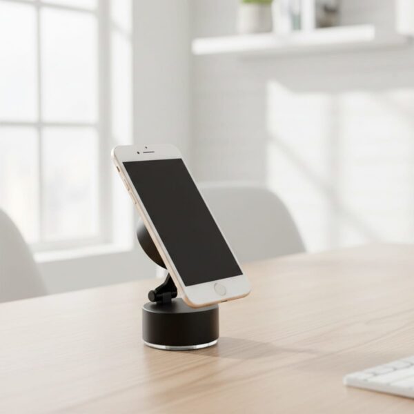 Smartphone on a black stand sits on a wooden desk in a bright, modern office.