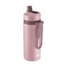 Pink reusable water bottle with flip-top lid and carrying handle on a white background.
