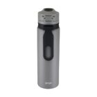 Silver and black reusable water bottle with a flip-top lid on a white background.