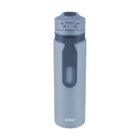 Light blue reusable water bottle with flip-top lid and a gray handle, on white background.