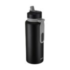 Black water bottle with a gray flip-top lid and handle, standing upright on a white background.