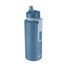 Blue water bottle with a flip-top lid and carrying handle, set against a white background.